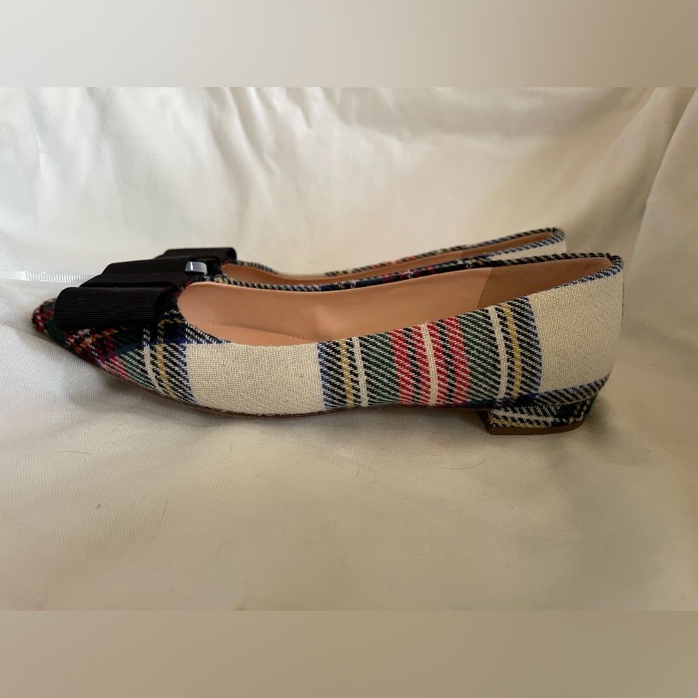 J.CREW Pointed-Toe Bow Flats Snowy Stewart Tartan Plaid Sz 7.5